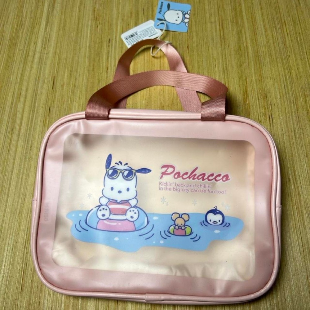 Sanrio Pochacco pink & white makeup bag with cartoon characters